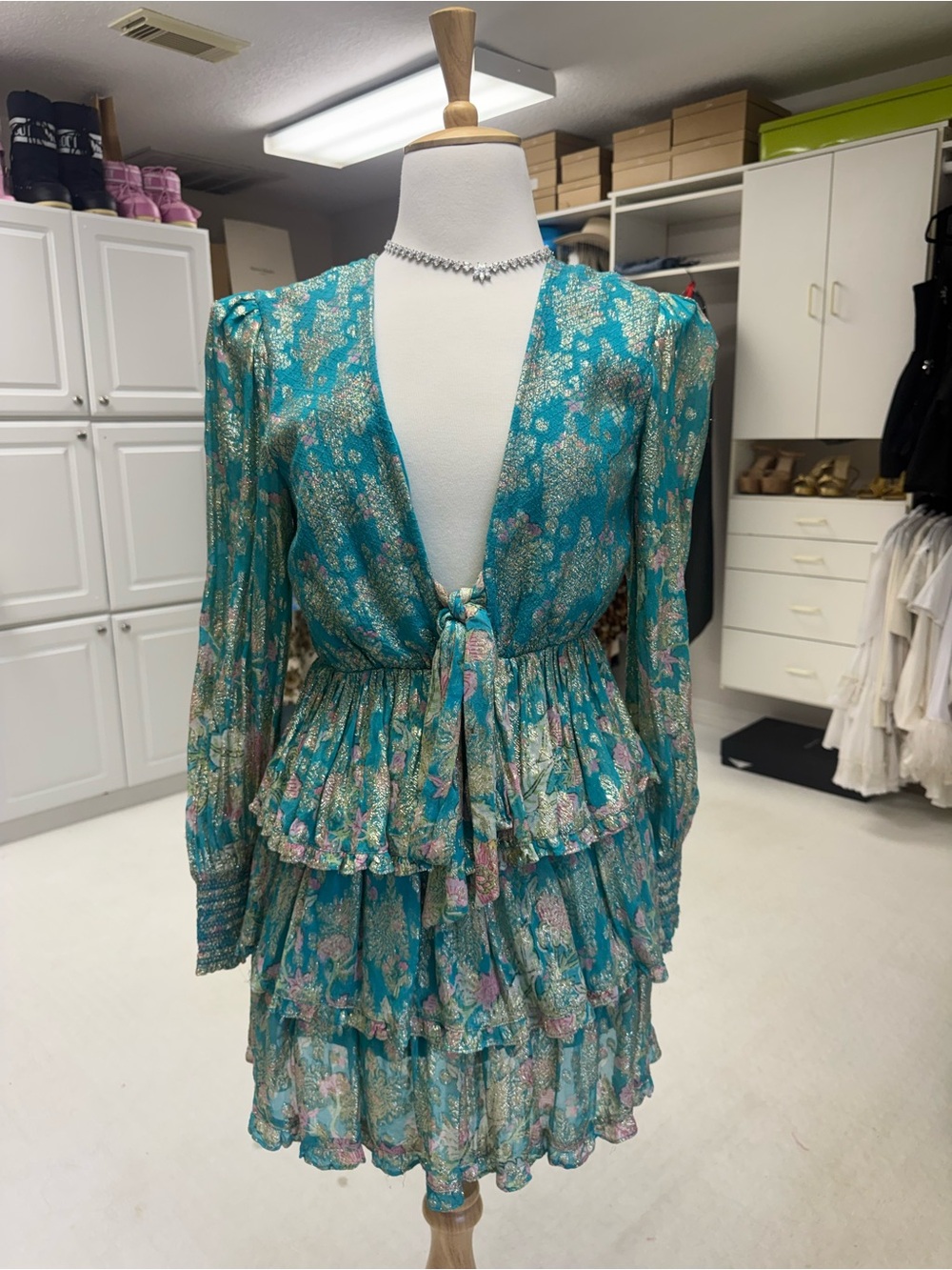 HEMANT & NANDITA Teal Metallic Floral Tiered Mini Dress